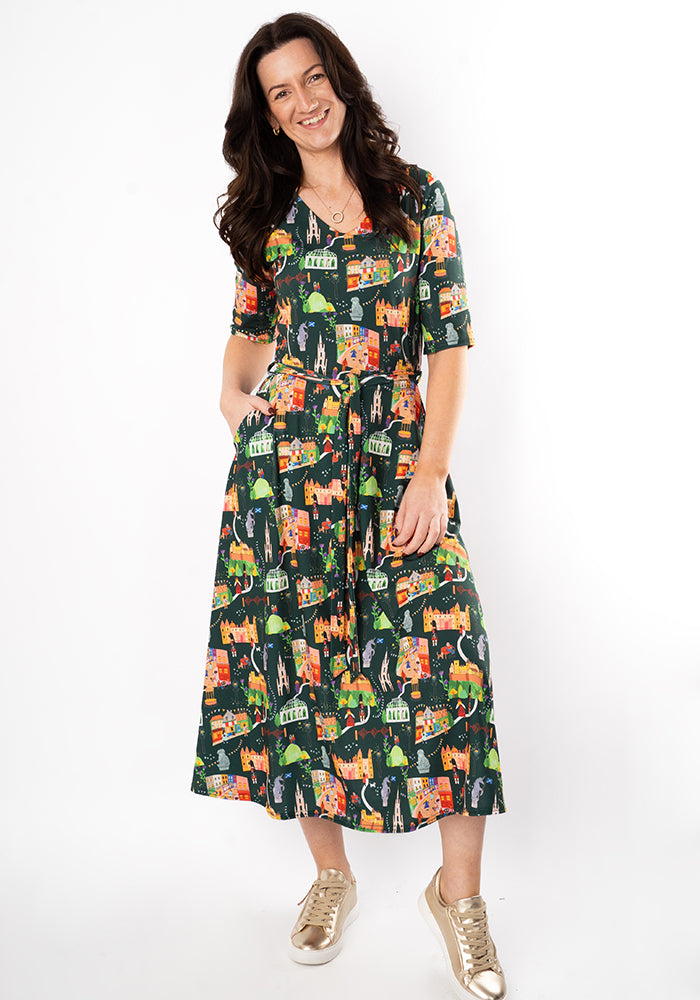 Front view of Bonnie Edinburgh Print Jersey Midi Dress