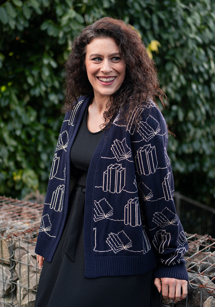Front view of Navy Book Knit Cardigan