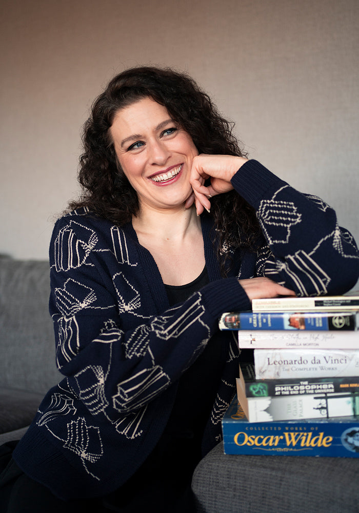 Fourth angle of Navy Book Knit Cardigan