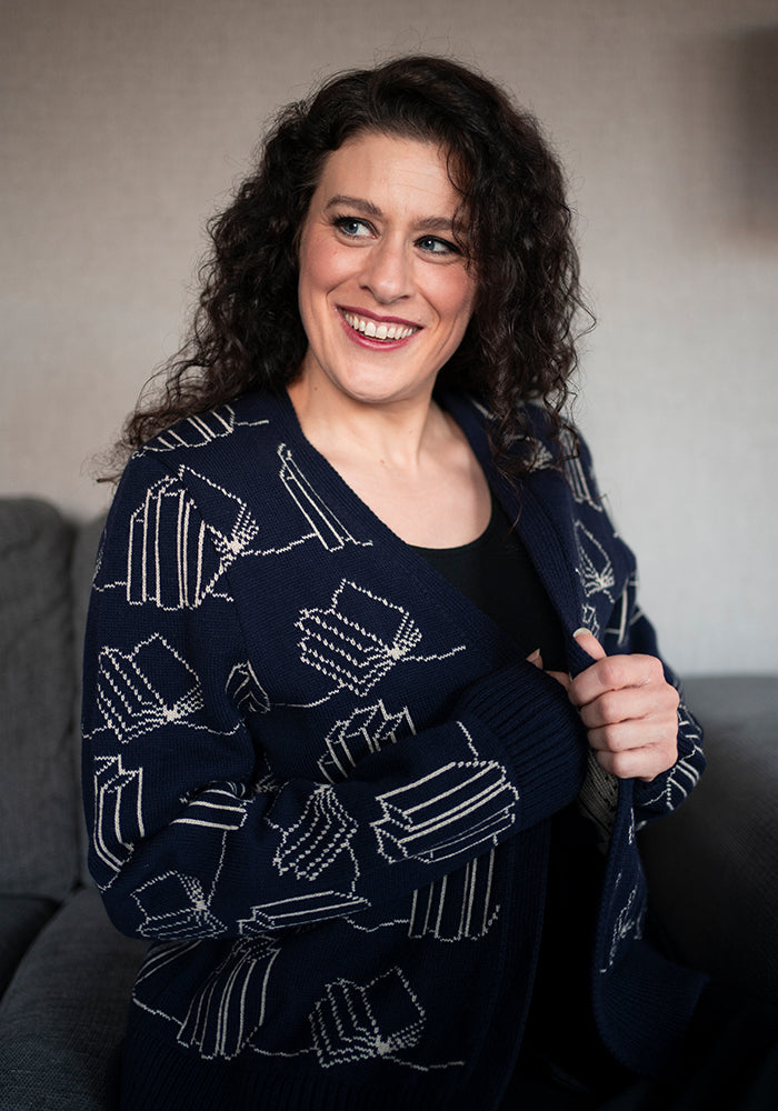 Third angle of Navy Book Knit Cardigan