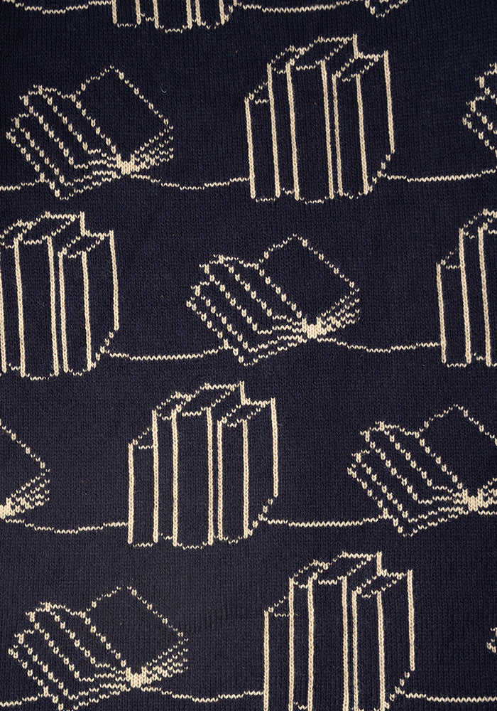 Second angle of Navy Book Knit Cardigan