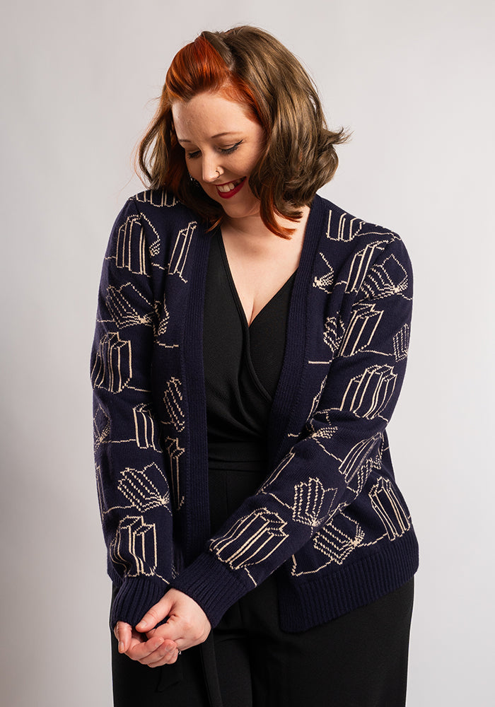Sixth angle of Navy Book Knit Cardigan