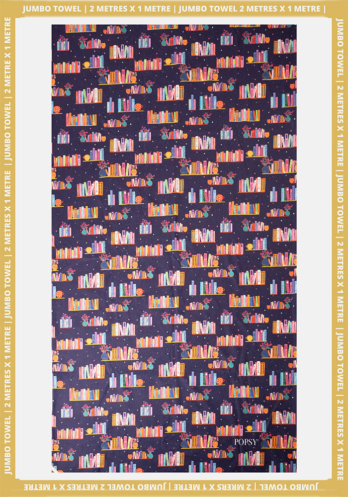Front view of Bookshelf Print Jumbo Bath Sheet