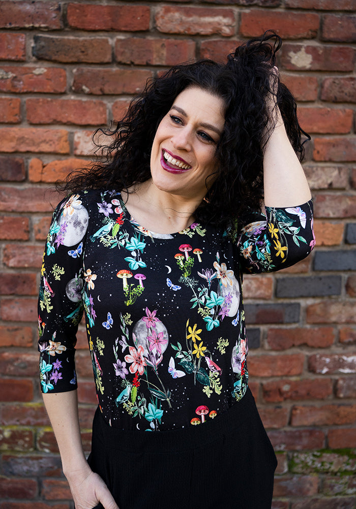 Makena Midnight Botanical Print Loose Fit Viscose Top