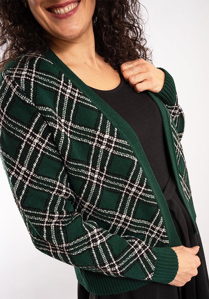 Third angle of Bottle Green &amp; Silver Lurex Check Cardigan