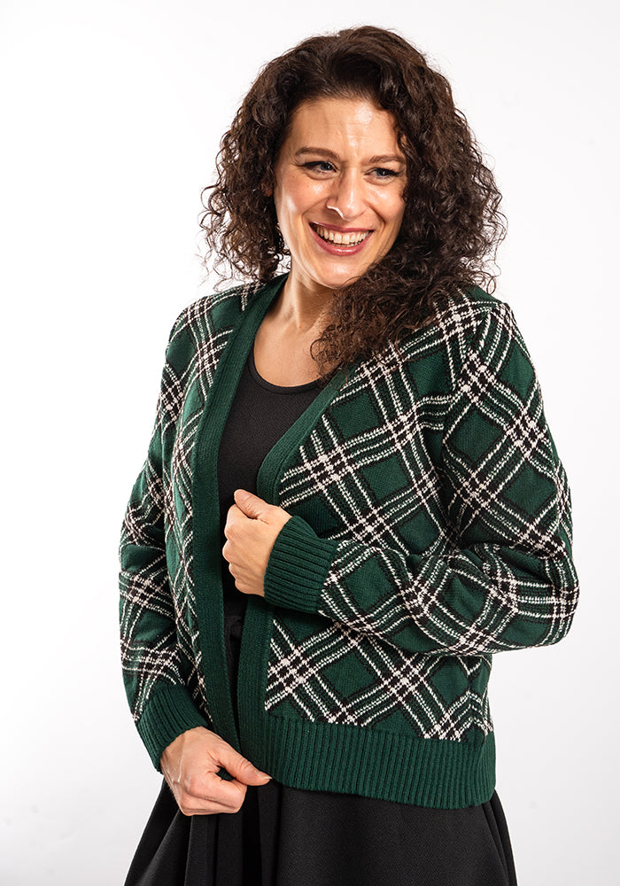 Front view of Bottle Green &amp; Silver Lurex Check Cardigan