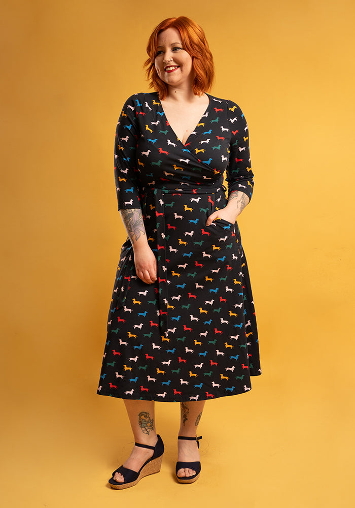 Front view of Bray Sausage Dog Print Cotton Midi Dress