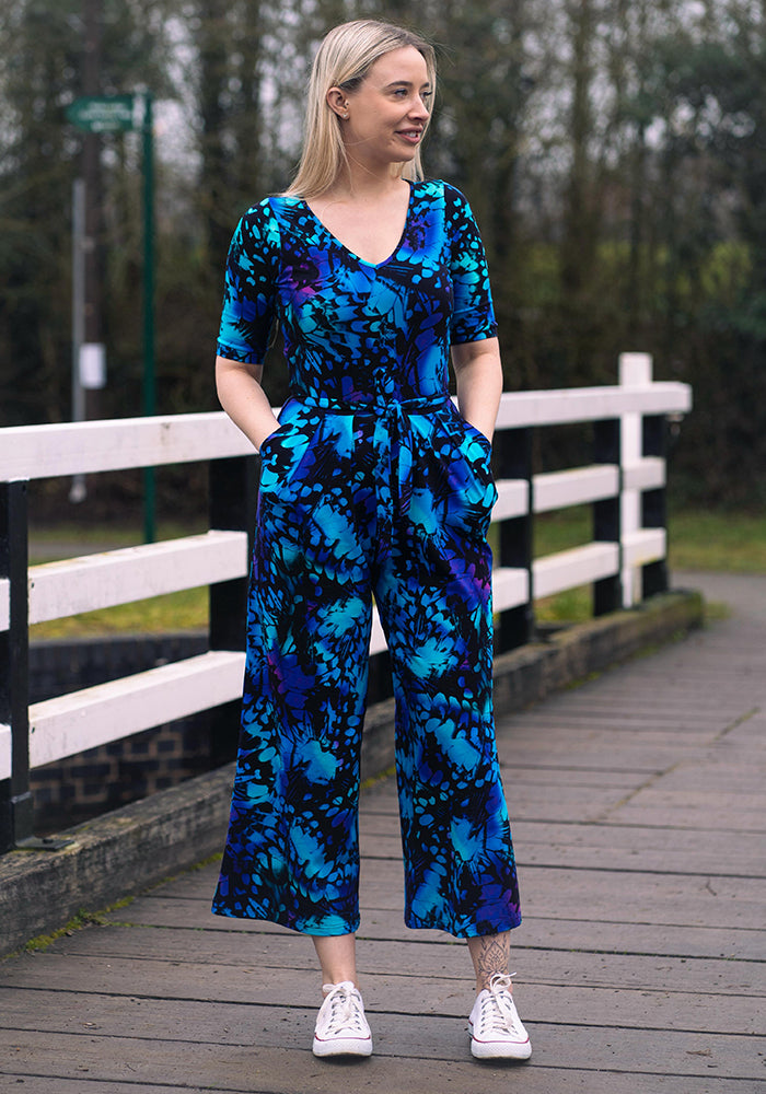 Front view of Bryella Abstract Butterfly Print Culotte Cotton Jumpsuit