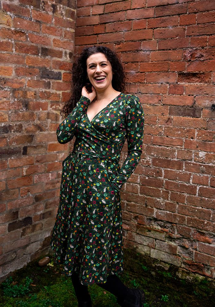 Third angle of Briar Green Rabbit Print Cotton Dress