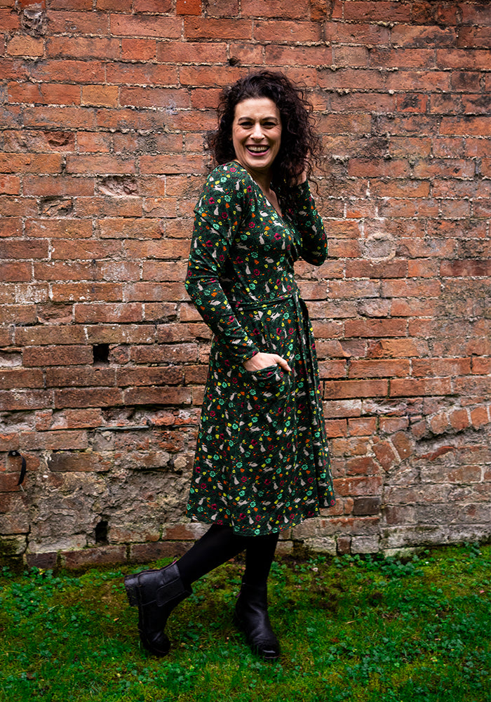 Front view of Briar Green Rabbit Print Cotton Dress
