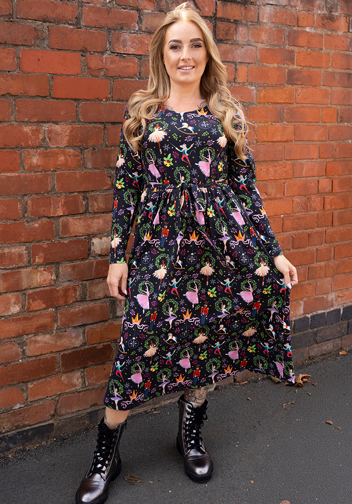 Briette Ballerina &amp; Nutcracker Print Cotton Midi Dress