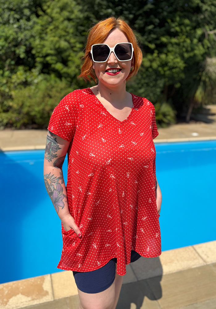 Front view of Brisa Polka Dot &amp; Lobster Print Tunic, a playful and fun polka dot and lobster print tunic from Popsy Clothing.