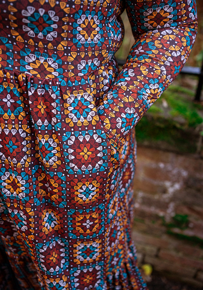 Bron Crochet Squares Print Tiered Hem Midaxi Dress