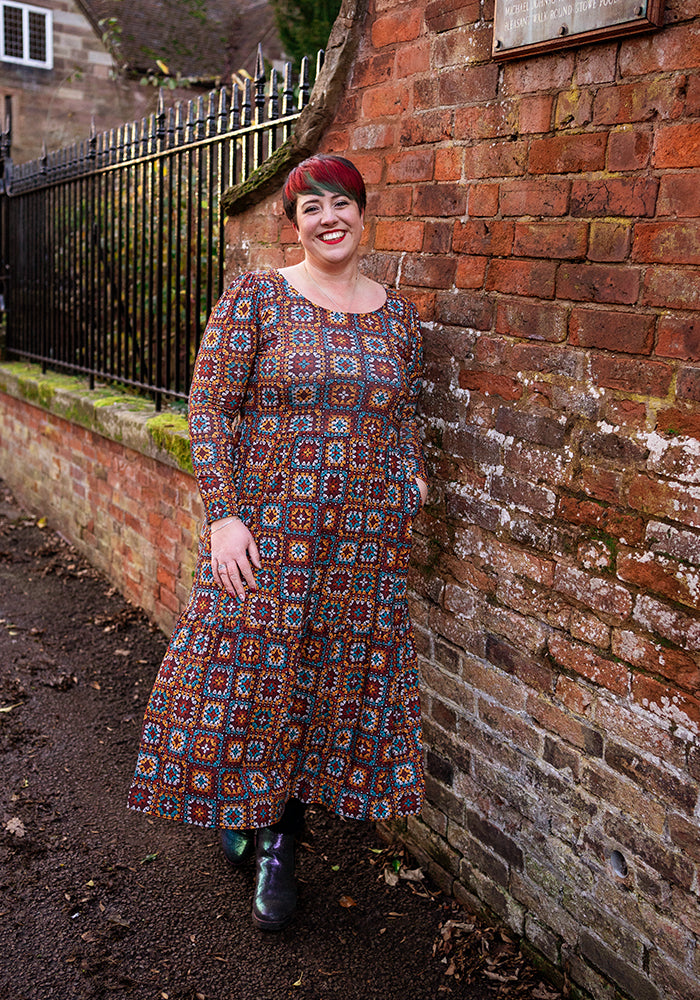 Bron Crochet Squares Print Tiered Hem Midaxi Dress