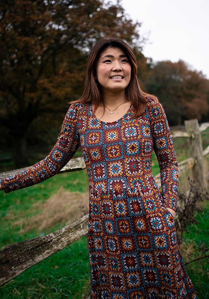 Bron Crochet Squares Print Tiered Hem Midaxi Dress