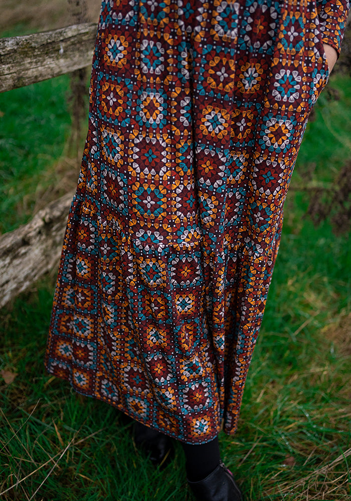 Bron Crochet Squares Print Tiered Hem Midaxi Dress