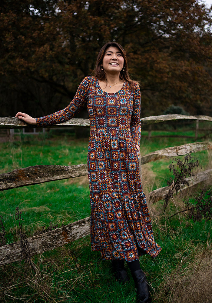 Bron Crochet Squares Print Tiered Hem Midaxi Dress