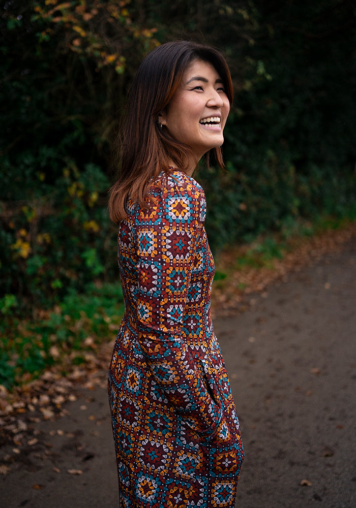 Bron Crochet Squares Print Tiered Hem Midaxi Dress