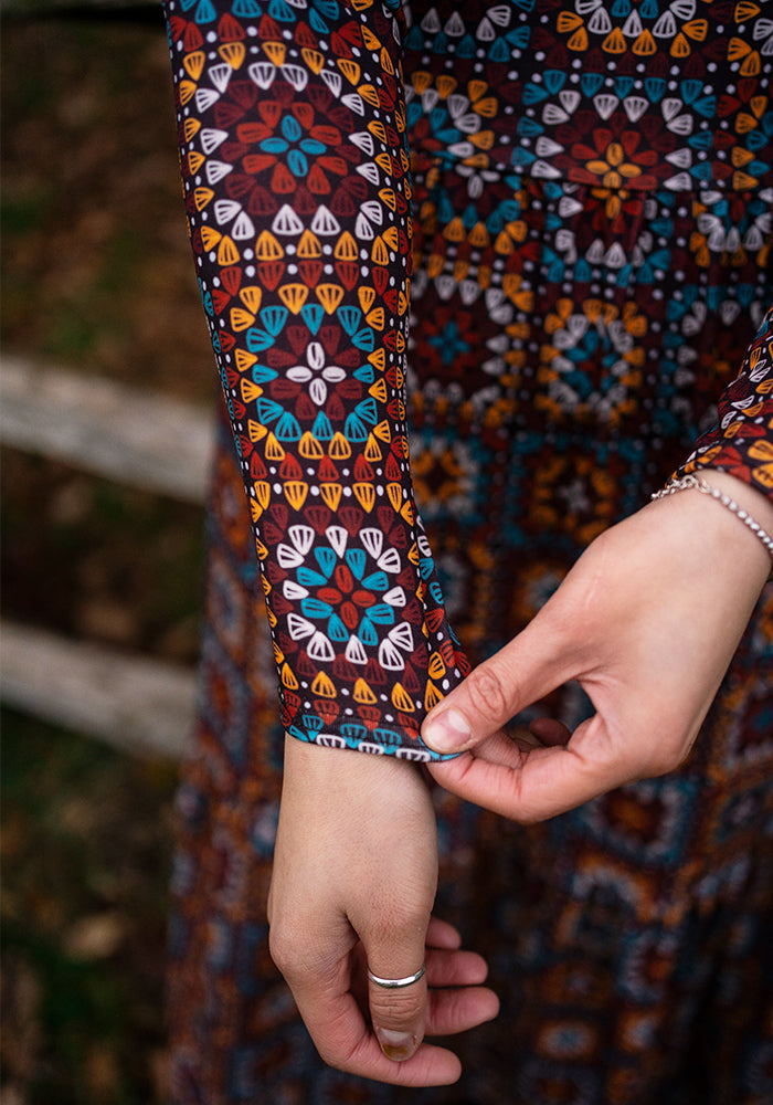 Bron Crochet Squares Print Tiered Hem Midaxi Dress