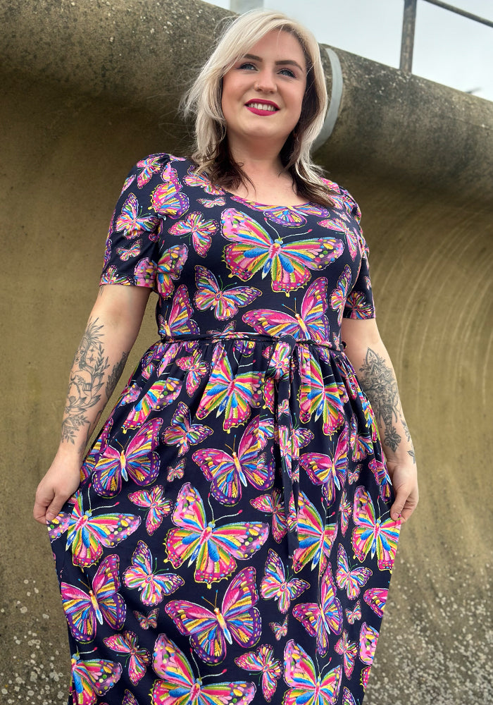 Front view of Mahina Sketched Butterfly Print Cotton Modal Midaxi Dress