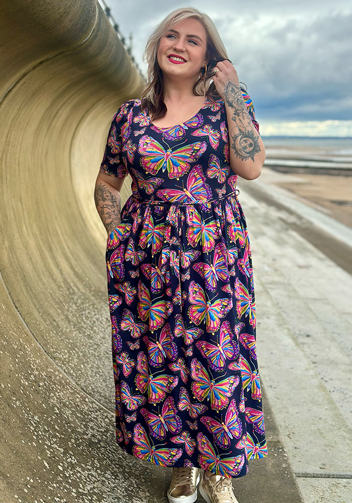 Fifth angle of Mahina Sketched Butterfly Print Cotton Modal Midaxi Dress