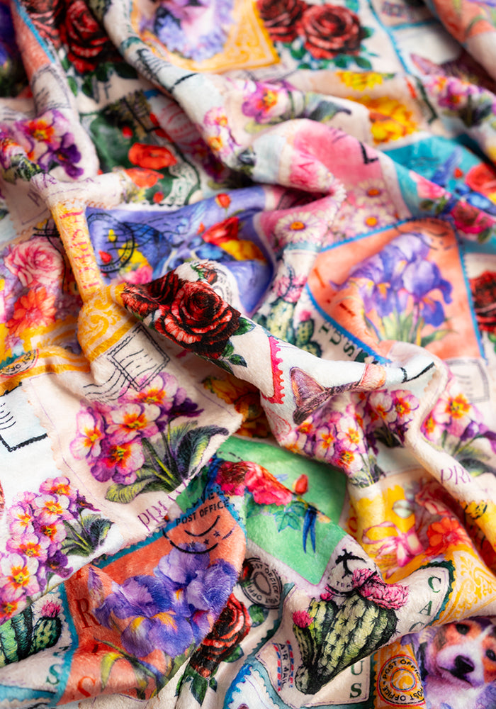 Second angle of Vintage Stamp Print Plush Throw Blanket (Pop-Under)