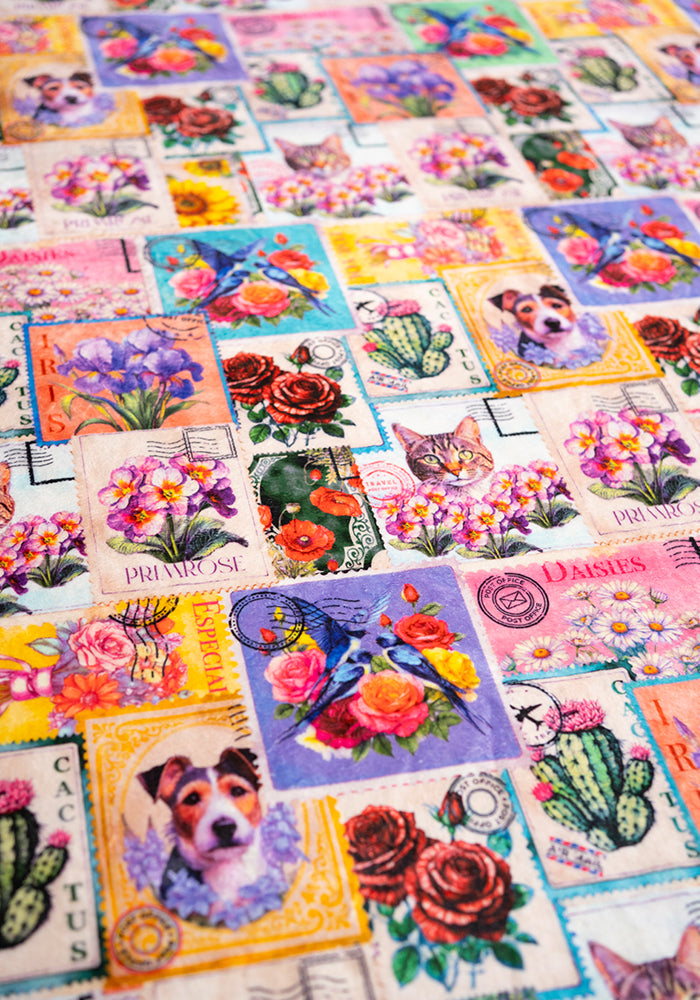 Third angle of Vintage Stamp Print Plush Throw Blanket (Pop-Under)