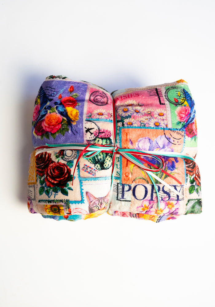 Front view of Vintage Stamp Print Plush Throw Blanket (Pop-Under)