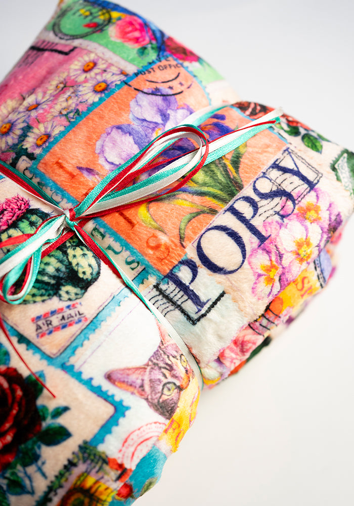 Fourth angle of Vintage Stamp Print Plush Throw Blanket (Pop-Under)