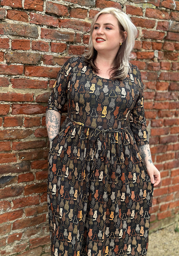 Front view of Mariam Cat Print Midi Dress