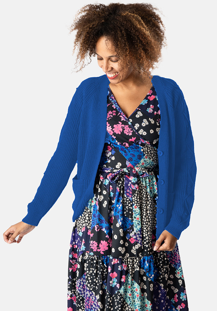 Front view of Cobalt Blue Cable Sleeve Cardigan