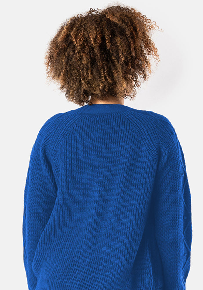 Second angle of Cobalt Blue Cable Sleeve Cardigan