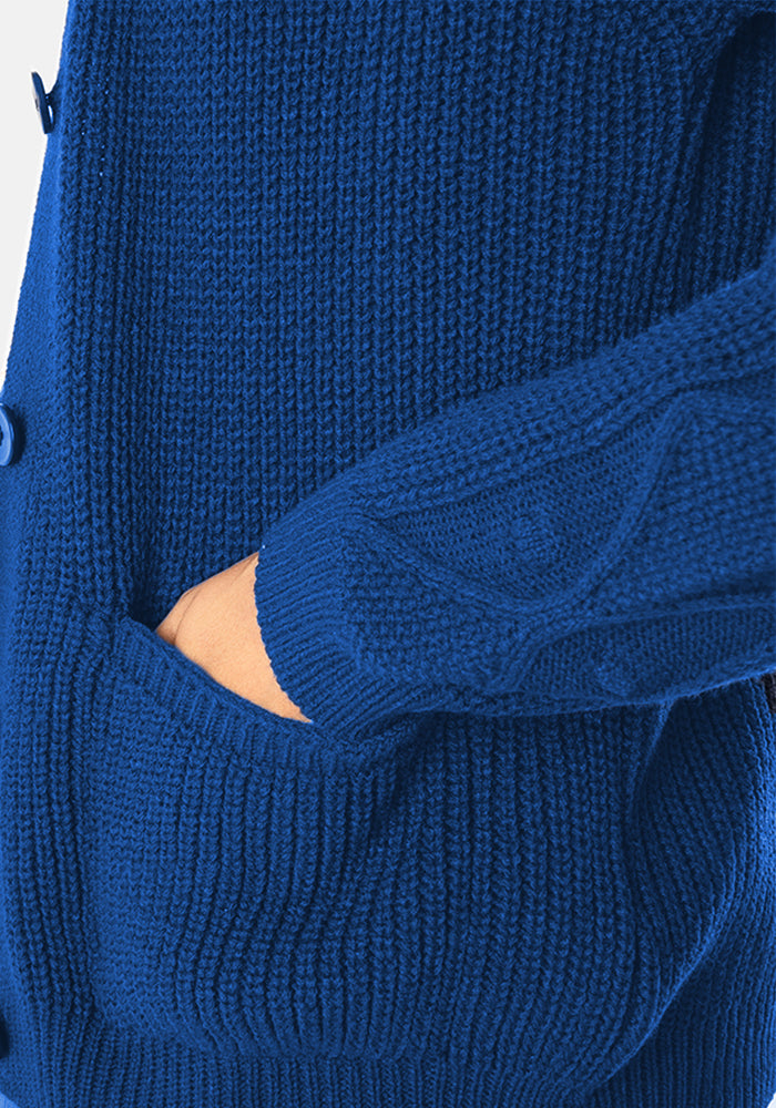 Third angle of Cobalt Blue Cable Sleeve Cardigan
