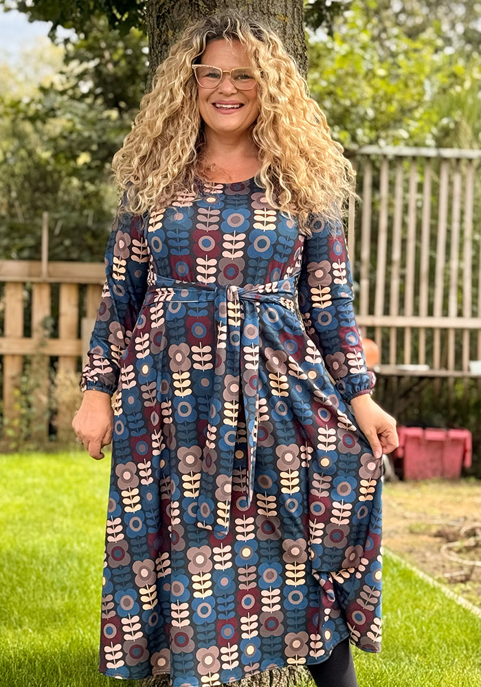 Coe Retro Flower Print A-Line Skirt Midi Dress