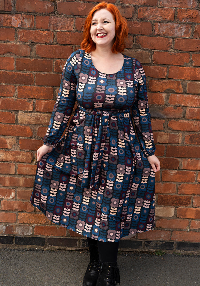 Coe Retro Flower Print A-Line Skirt Midi Dress
