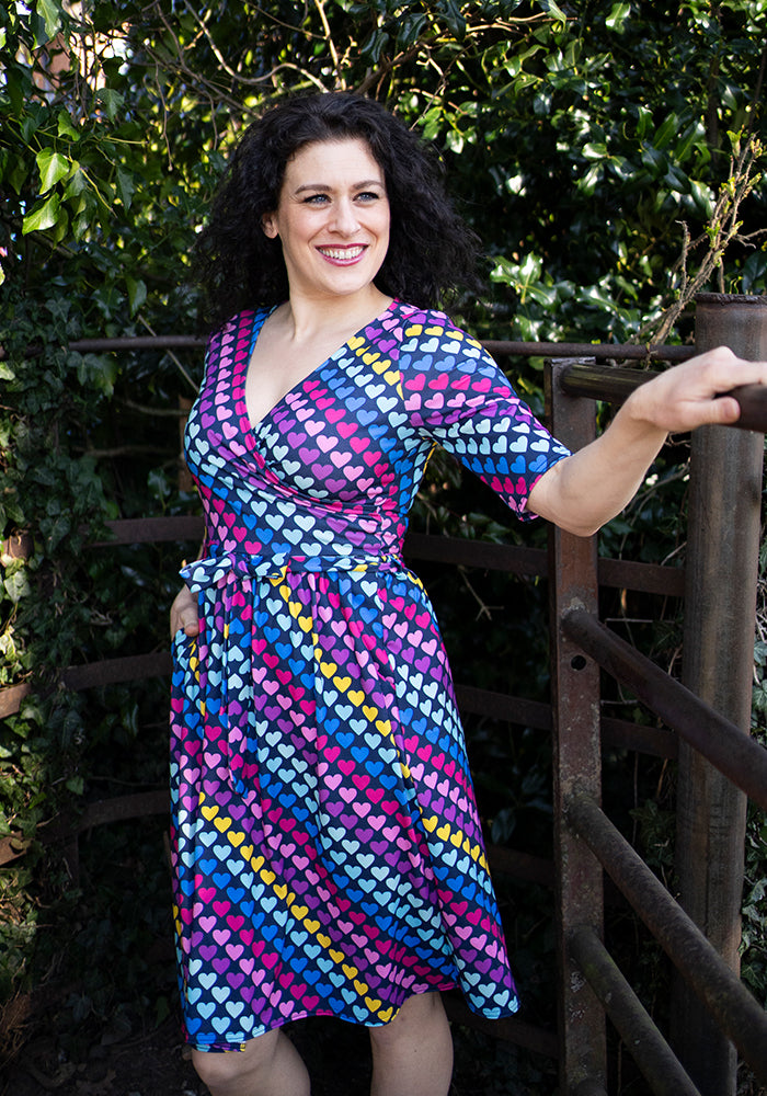 Front view of Cade Bright Heart Conversational Print Dress