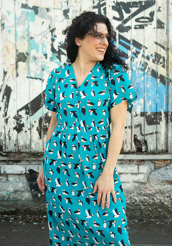 Second angle of Cady Puffin Print Button Front Woven Viscose Crepe Midi Dress (Teal)