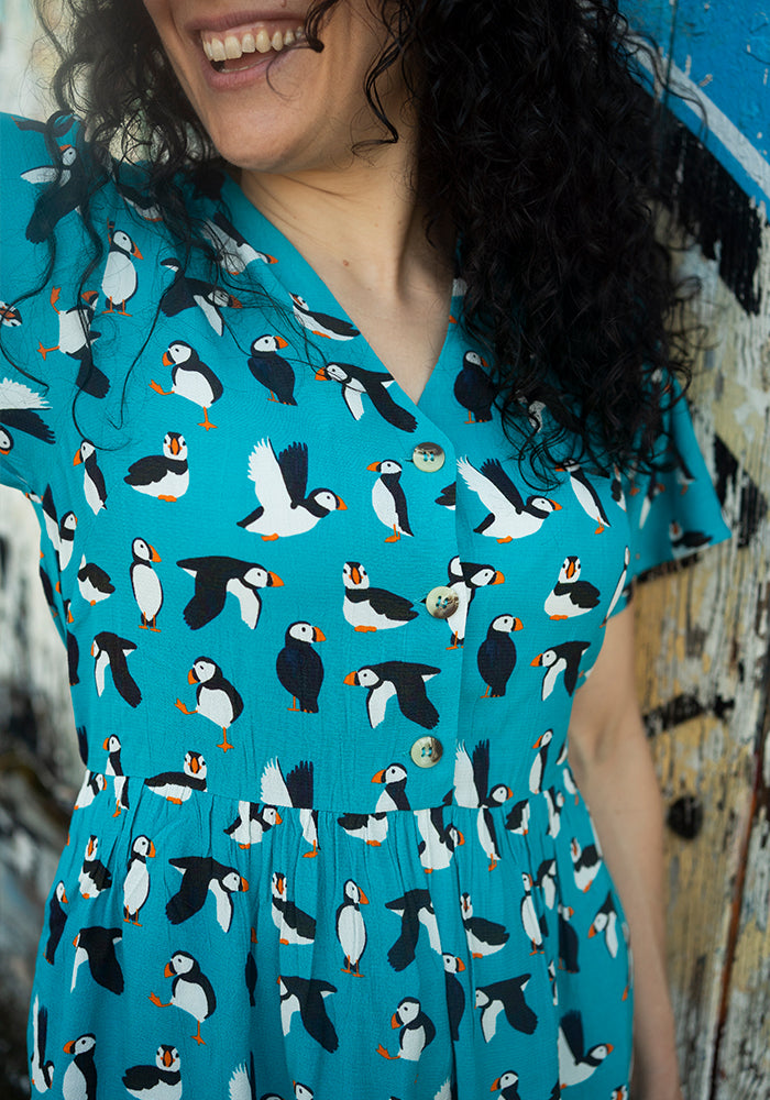Fifth angle of Cady Puffin Print Button Front Woven Viscose Crepe Midi Dress (Teal)