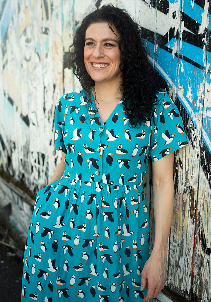 Eighth angle of Cady Puffin Print Button Front Woven Viscose Crepe Midi Dress (Teal)