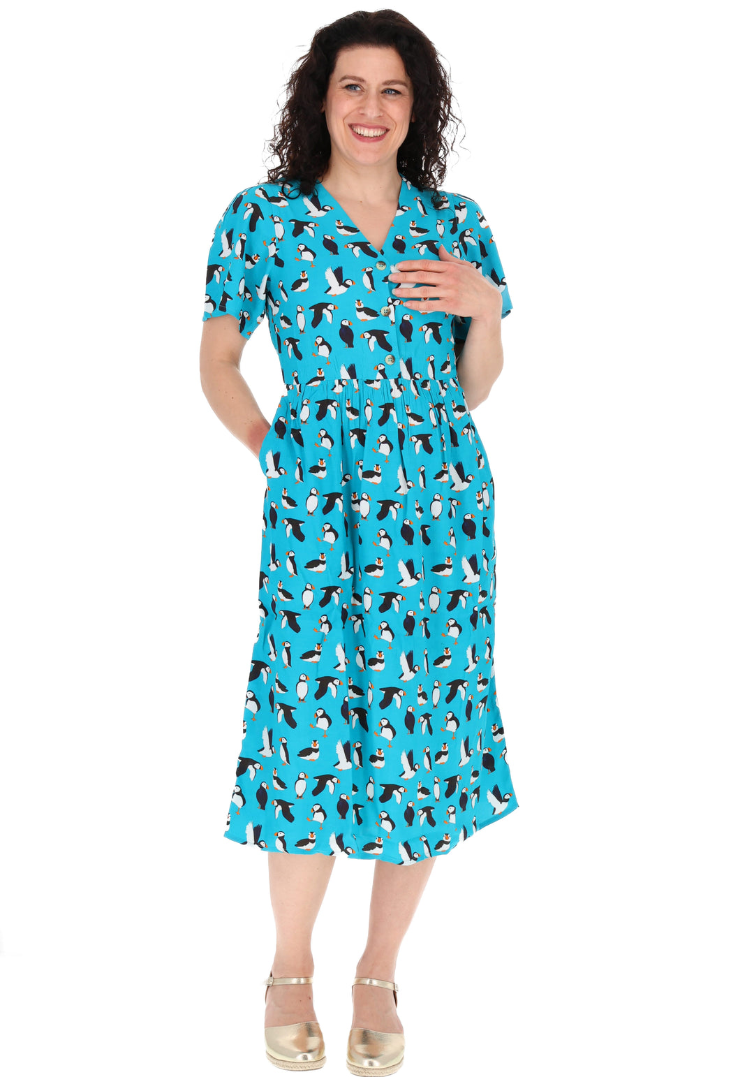 Fourth angle of Cady Puffin Print Button Front Woven Viscose Crepe Midi Dress (Teal)