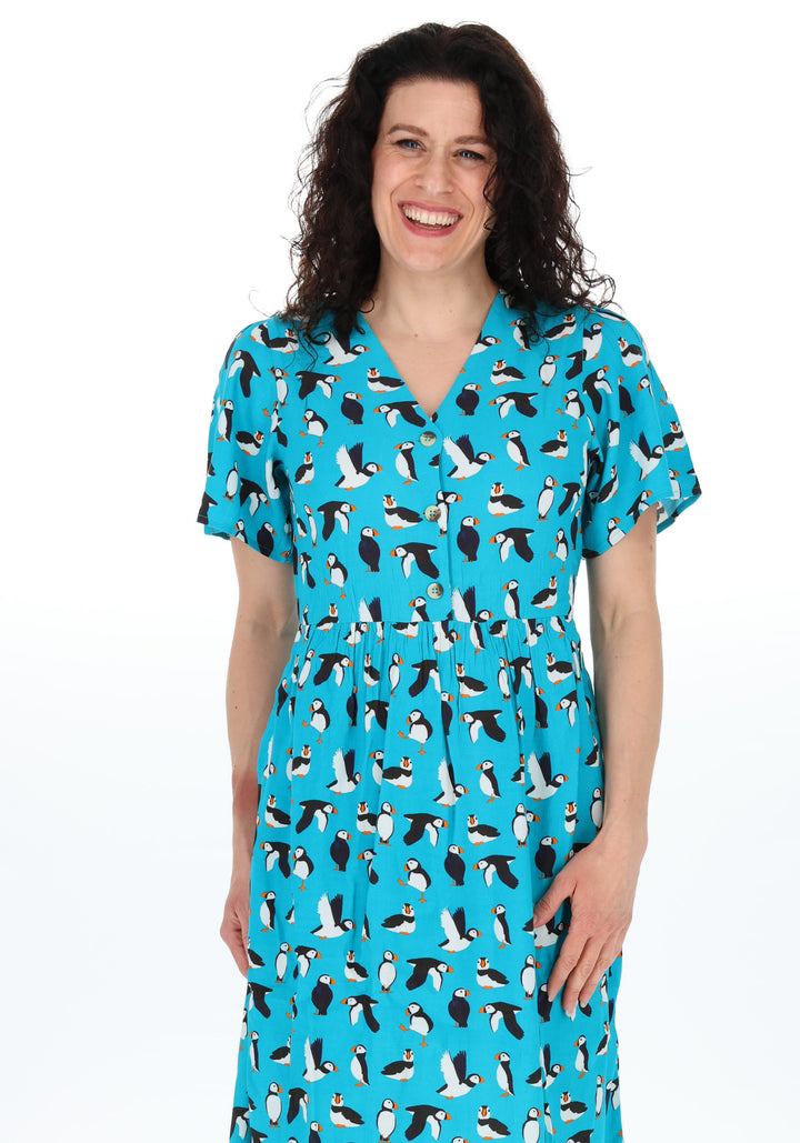 Sixth angle of Cady Puffin Print Button Front Woven Viscose Crepe Midi Dress (Teal)