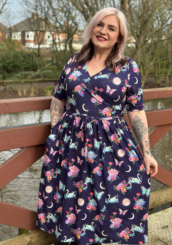 Front view of Calandra Celestial Swans Print Midi Dress