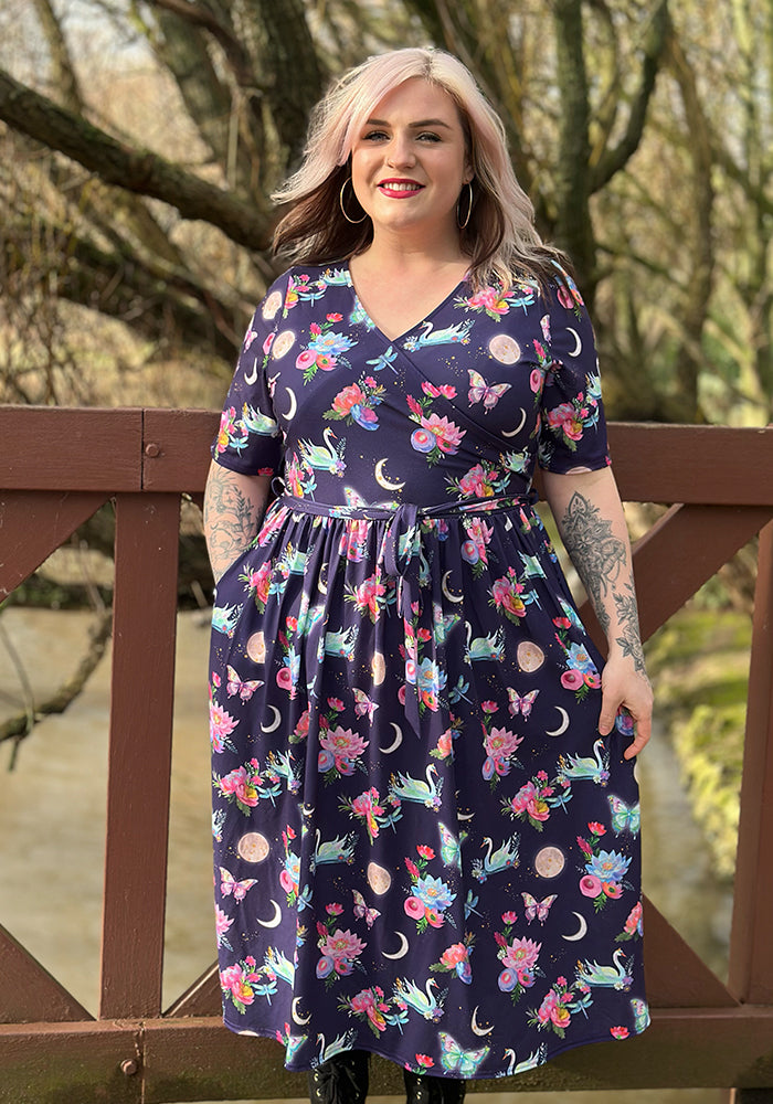 Tenth angle of Calandra Celestial Swans Print Midi Dress