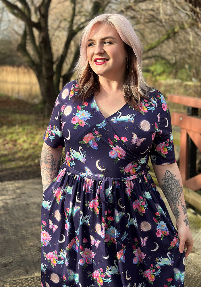 Seventh angle of Calandra Celestial Swans Print Midi Dress