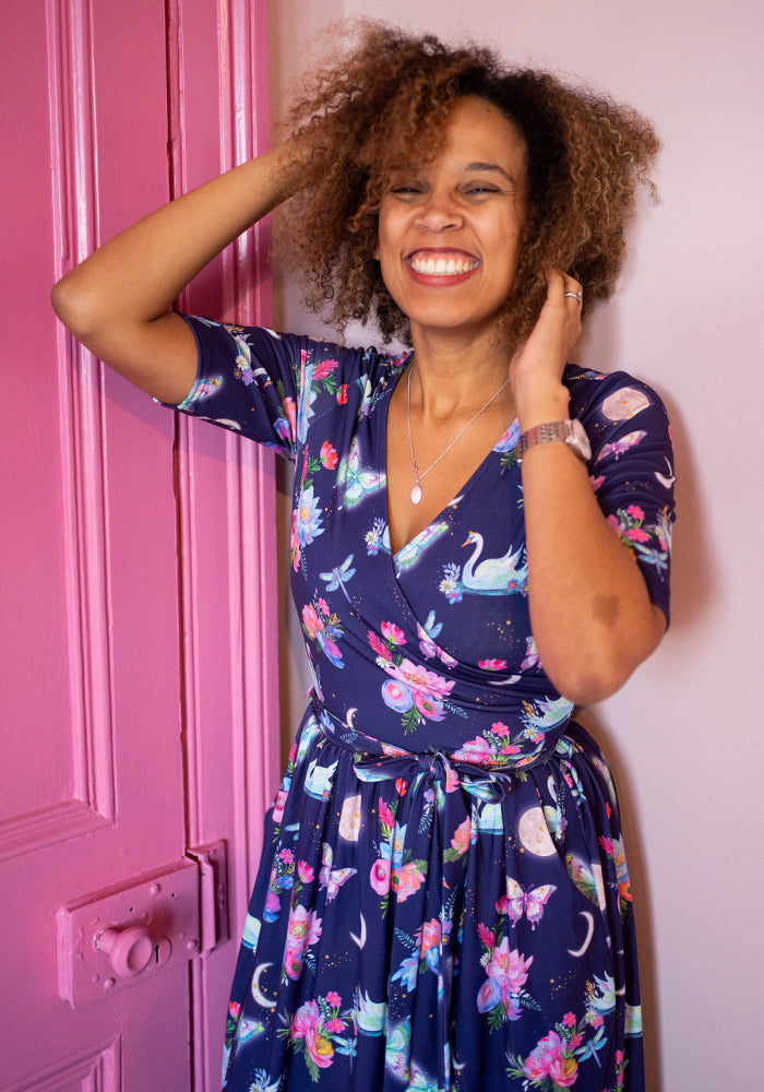 Third angle of Calandra Celestial Swans Print Midi Dress