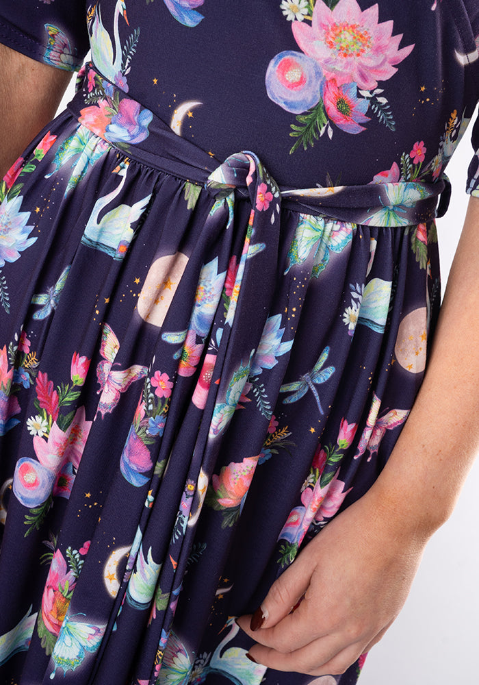 Eleventh angle of Calandra Celestial Swans Print Midi Dress
