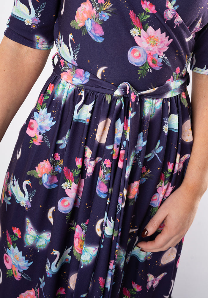 Sixth angle of Calandra Celestial Swans Print Midi Dress