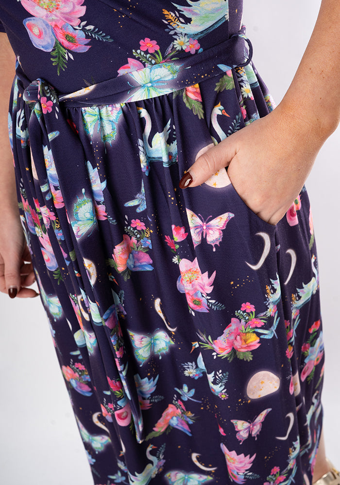 Fourth angle of Calandra Celestial Swans Print Midi Dress