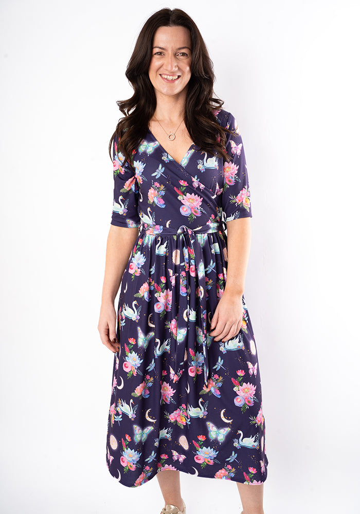 Ninth angle of Calandra Celestial Swans Print Midi Dress