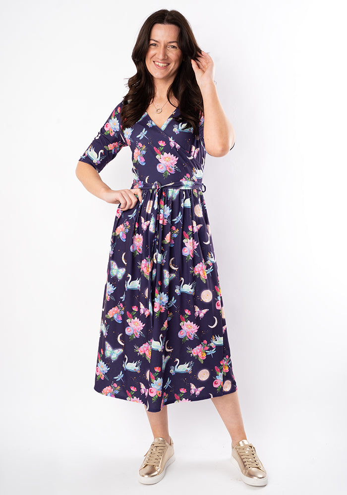 Fifth angle of Calandra Celestial Swans Print Midi Dress